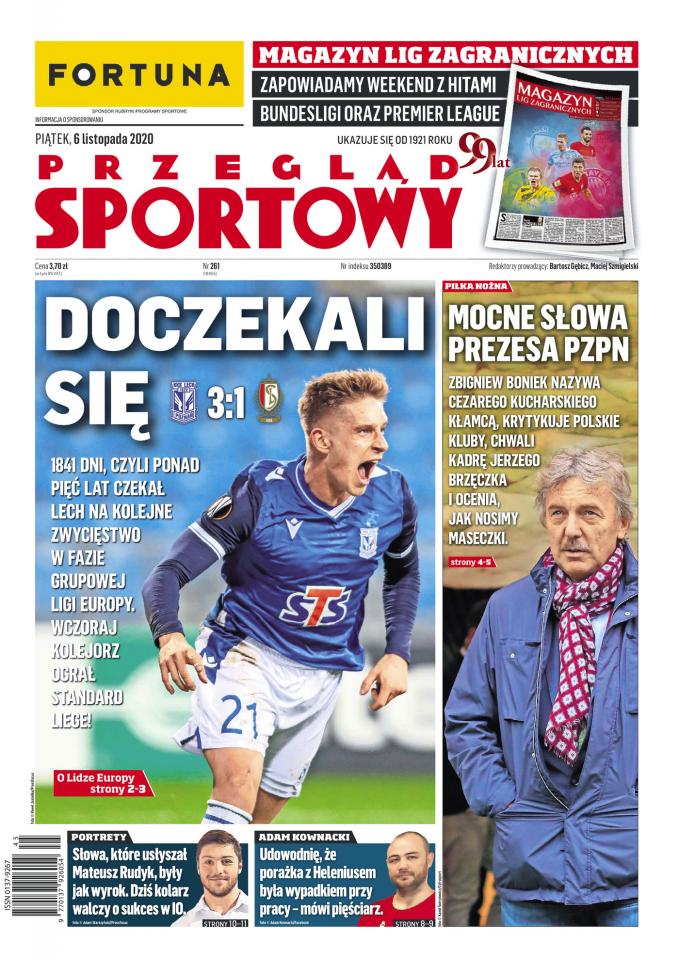 Okładka Przegląd Sportowy po meczu Lech Poznań - Standard Liège 3:1 (05.11.2020).