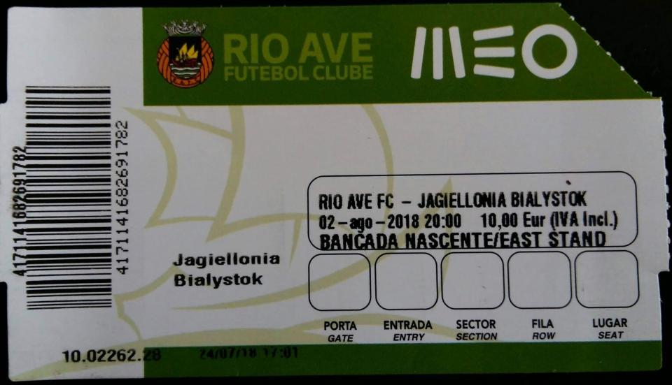 Bilet z meczu Rio Ave FC - Jagiellonia Białystok 4:4 (02.08.2018).