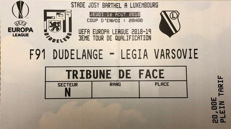 Bilet z meczu F91 Dudelange - Legia Warszawa 2:2 (16.08.2018).