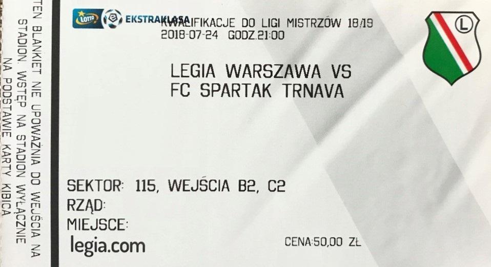 Bilet z meczu Legia Warszawa - Spartak Trnava 0:2 (24.07.2018).