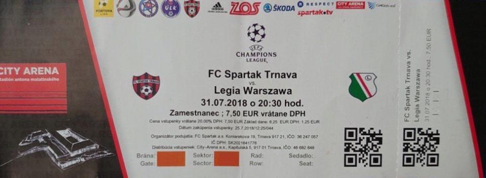 Bilet z meczu Spartak Trnava - Legia Warszawa 0:1 (31.07.2018)