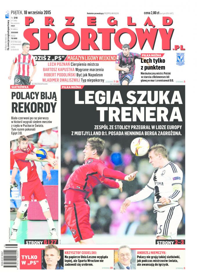 Okładka Przegląd Sportowy po meczach Lech Poznań - Belenenses Lizbona 0:0 i FC Midtjylland - Legia Warszawa 1:0 (17.09.2015)