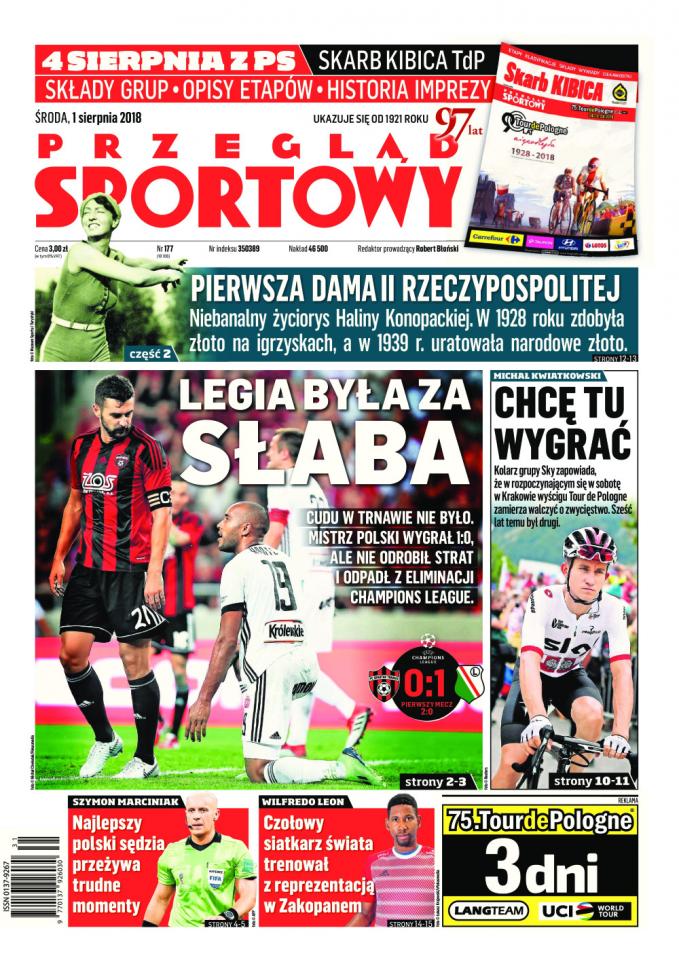 Okładka Przegląd Sportowy po meczu Spartak Trnava - Legia Warszawa 0:1 (31.07.2018).