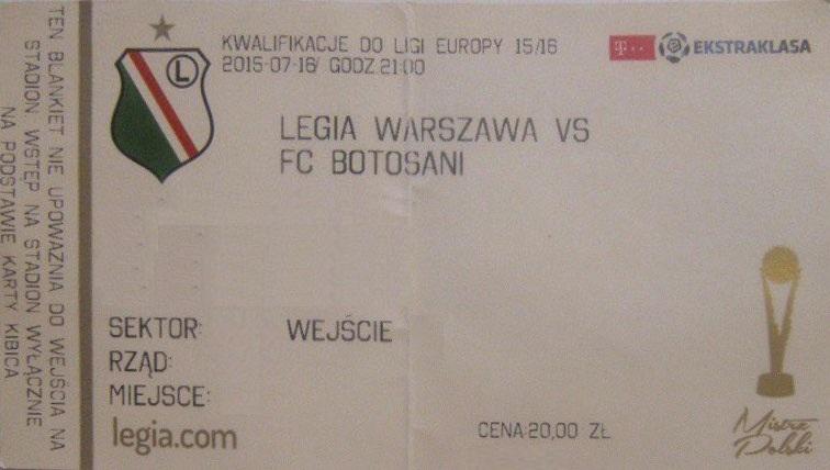 Bilet z meczu Legia Warszawa - FC Botoșani 1:0 (16.07.2015)