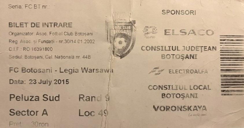 Bilet z meczu FC Botoșani - Legia Warszawa 0:3 (23.07.2015).