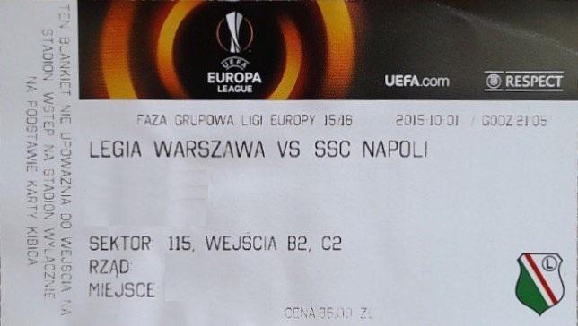 Bilet z meczu Legia Warszawa - SSC Napoli 0:2 (01.10.2015).