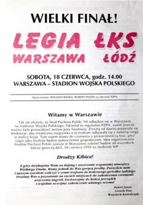 Program meczowy Legia Warszawa - ŁKS Łódź 2:0 (18.06.1994).