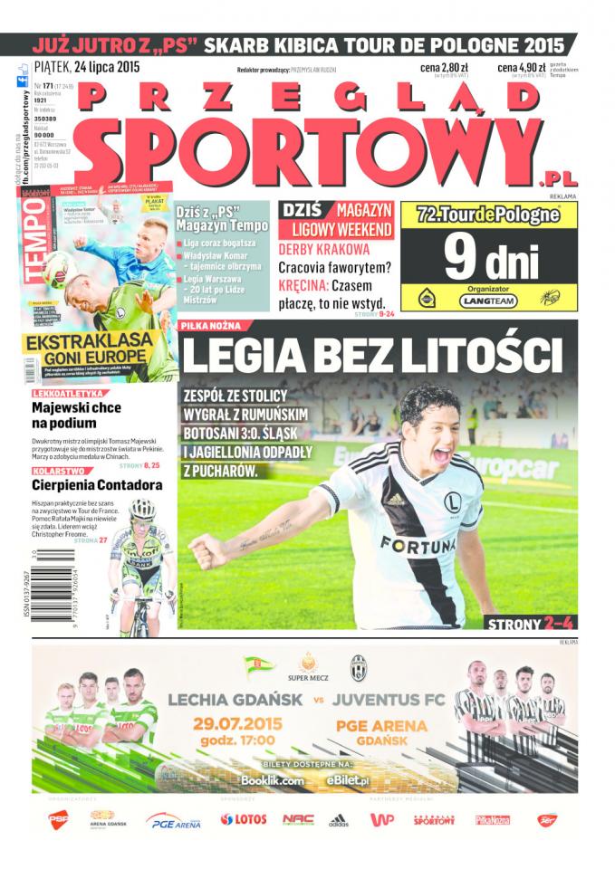 Okładka Przegląd Sportowy po meczu FC Botoșani - Legia Warszawa 0:3 (23.07.2015).