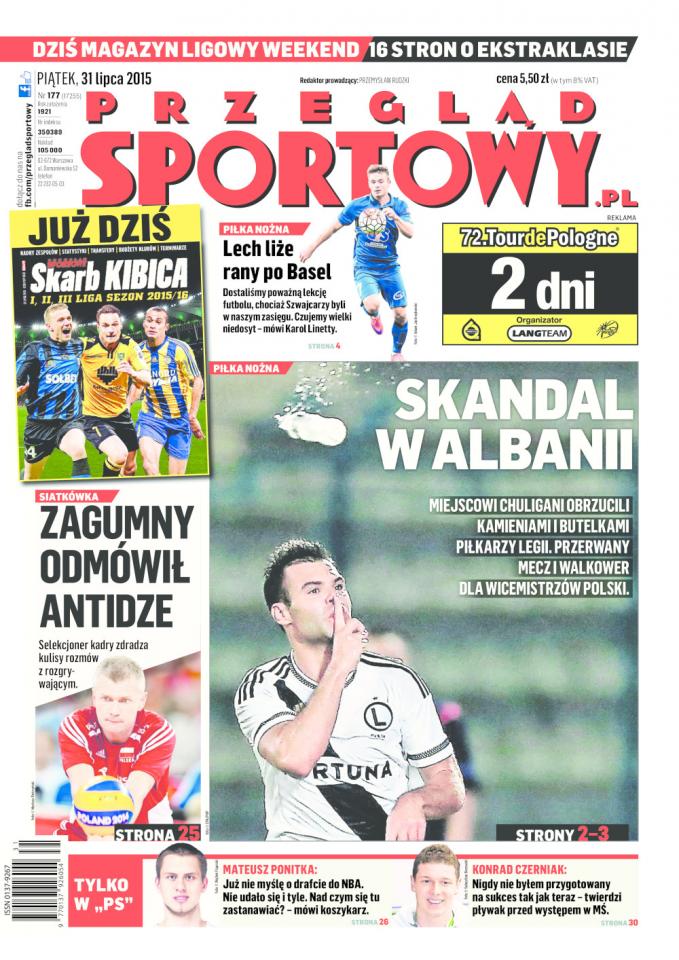 Okładka Przegląd Sportowy po meczu FK Kukësi - Legia Warszawa 0:3 (30.07.2015).