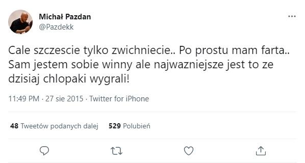 Twitt Michała Pazdana po meczu Legia Warszawa - Zoria Ługańsk 3:2 (27.08.2015).