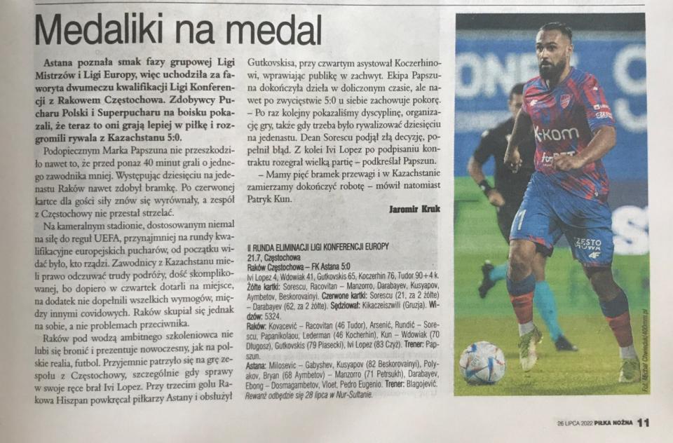 Piłka Nożna po meczu Raków Częstochowa - FK Astana 5:0 (21.07.2022).