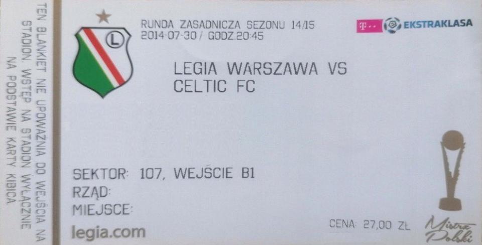 Bilet z meczu Legia Warszawa - Celtic Glasgow 4:1 (30.07.2014)