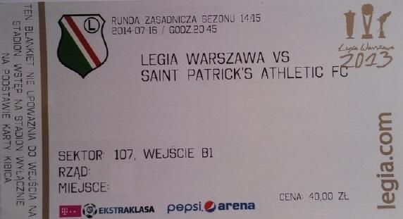 Bilet z meczu Legia Warszawa - St Patrick's Athletic FC 1:1 (16.07.2014).