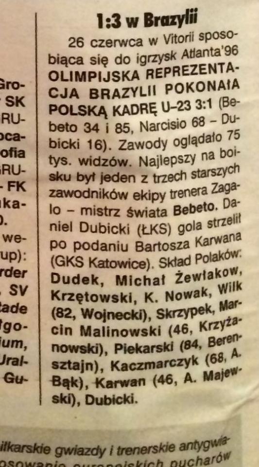 Brazylia U23 - Polska U23 3:1 (26.06.1996)