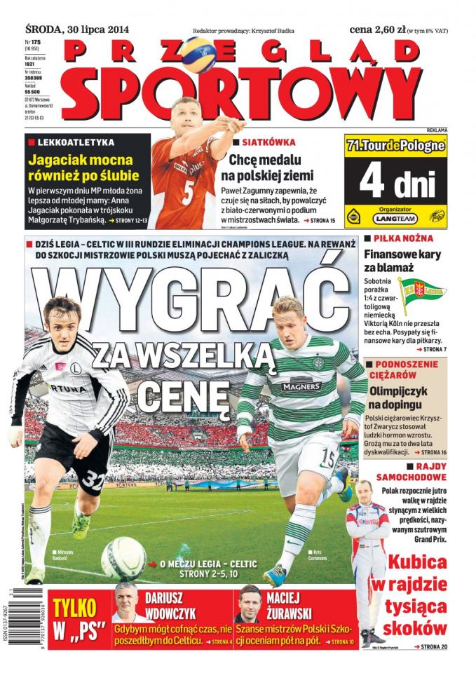 Okładka Przegląd Sportowy przed meczem Legia Warszawa - Celtic Glasgow 4:1 (30.07.2014)