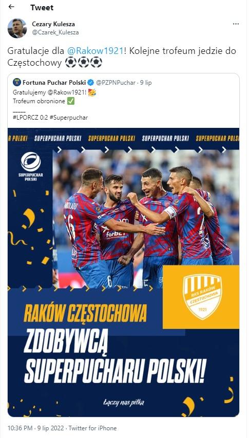 Twitt Cezarego Kuleszy po meczu Lech Poznań - Raków Częstochowa 0:2 (09.07.2022).