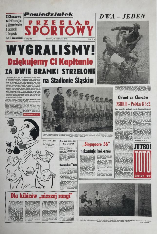 Okładka Przegląd Sportowy po meczu Polska - ZSRR 2:1 (20.10.1957)