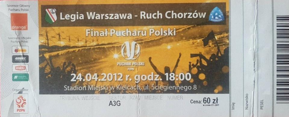 Bilet z meczu Legia Warszawa - Ruch Chorzów 3:0 (24.04.2012).