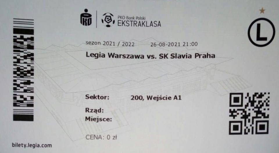 Bilet z meczu Legia Warszawa - Slavia Praga 2:1 (26.08.2021)
