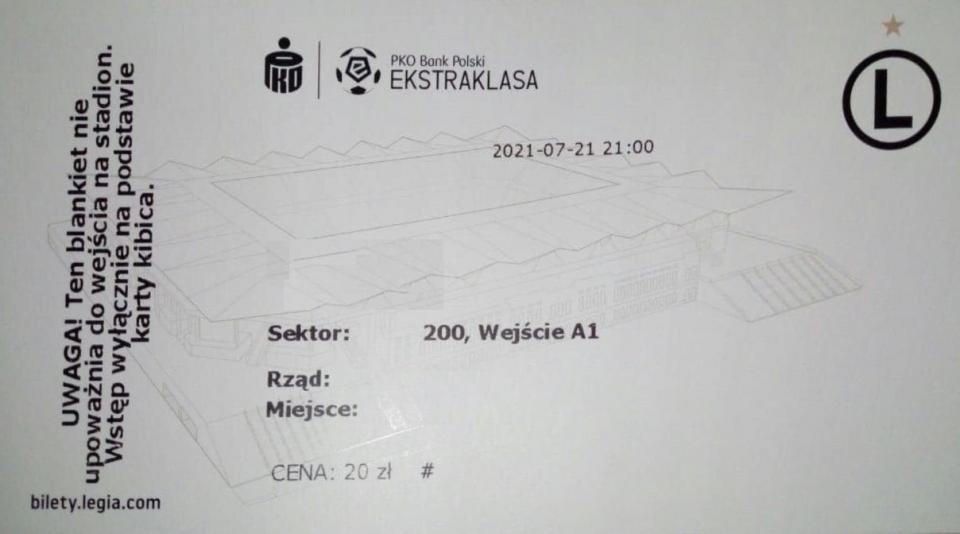 Bilet z meczu Legia Warszawa - Flora Tallin 2:1 (21.07.2021)