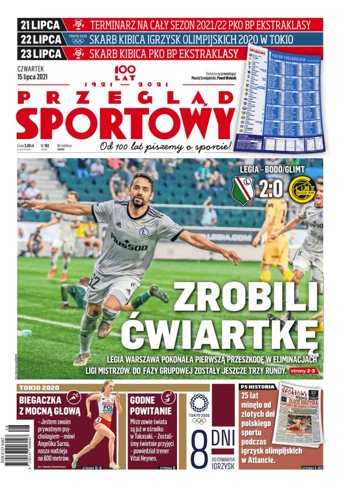 Okładka Przegląd Sportowy po meczu Legia Warszawa - Bodø/Glimt 2:0 (14.07.2021).