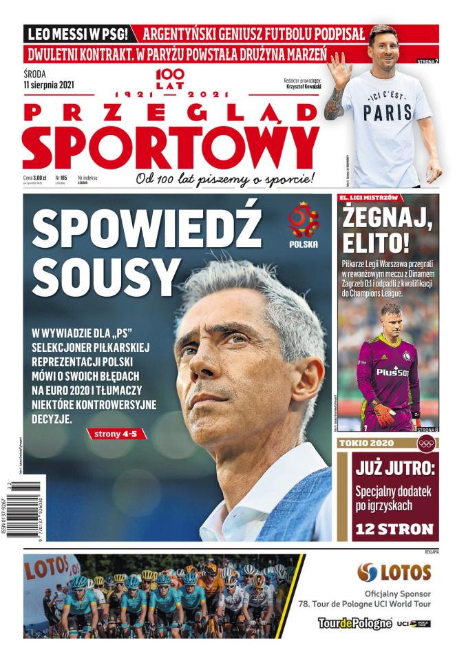 Okładka Przegląd Sportowy po meczu Legia Warszawa - Dinamo Zagrzeb 0:1 (10.08.2021).