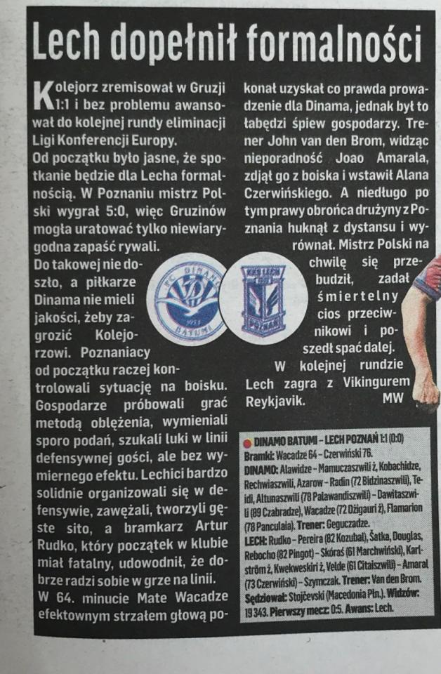 Przegląd Sportowy po meczu Dinamo Batumi - Lech Poznań 1:1 (28.07.2022)