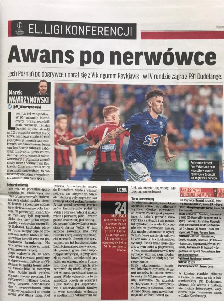 Przegląd Sportowy po meczu Lech Poznań - Vikingur Reykjavik 4:1 pd. (11.08.2022).