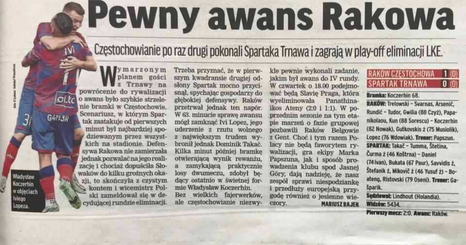 Przegląd Sportowy po meczu Raków Częstochowa - Spartak Trnawa 1:0 (11.08.2022).