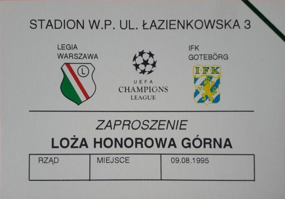 Zaproszenie na mecz Legia Warszawa - IFK Göteborg 1:0 (09.08.1995).