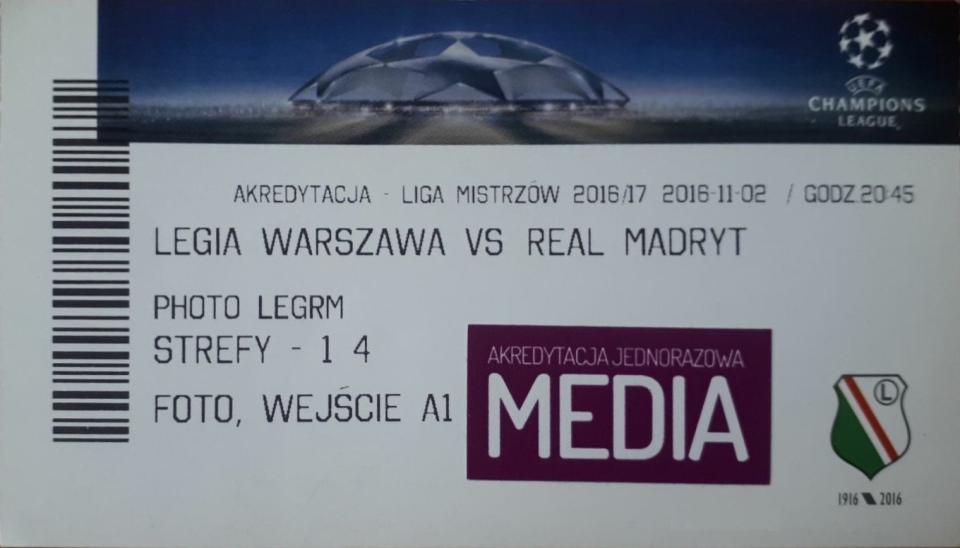 Akredytacja z meczu Legia Warszawa - Real Madryt 3:3 (02.11.2016)