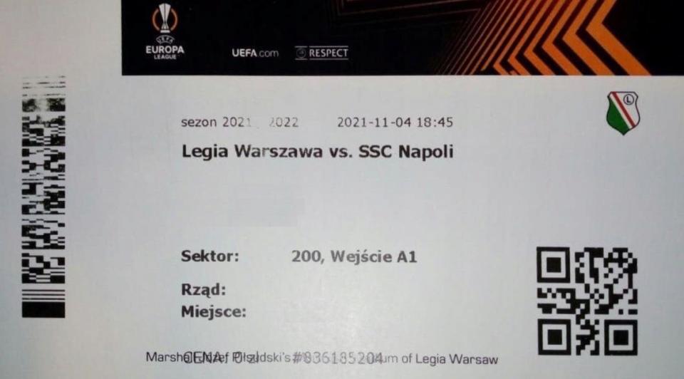 Bilet z meczu Legia Warszawa - SSC Napoli 1:4 (04.11.2021).