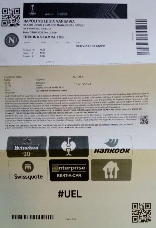 Bilet z meczu SSC Napoli - Legia Warszawa 3:0 (21.10.2021).