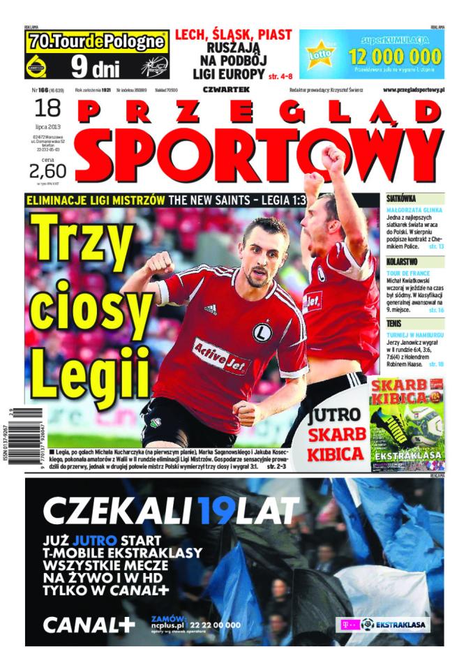 Okładka Przegląd Sportowy po meczu The New Saints FC - Legia Warszawa 1:3 (17.07.2013)