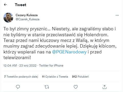 Twitt Cezarego Kuleszy po meczu Polska - Holandia 0:2 (22.09.2022).