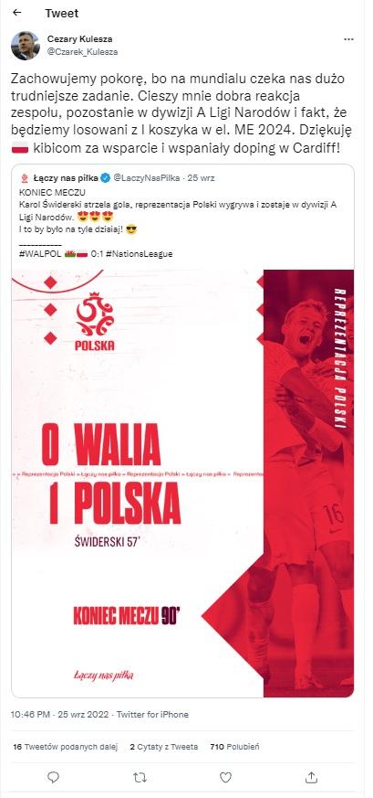 Twitt Cezarego Kuleszy po meczu Walia - Polska 0:1 (25.09.2022)
