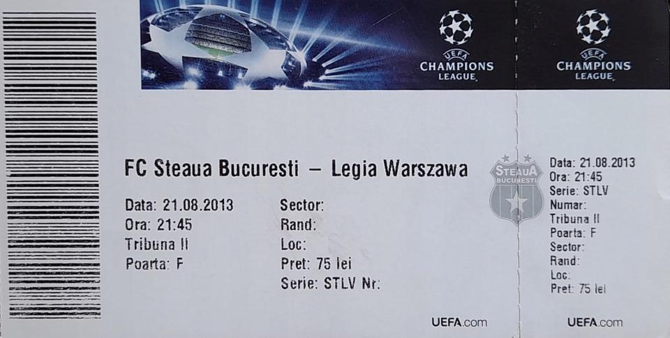 Bilet z meczu Steaua Bukareszt - Legia Warszawa 1:1 (21.08.2013)