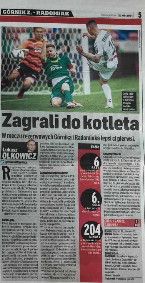 Przegląd Sportowy po meczu Górnik Zabrze - Radomiak Radom 2:0 (22.09.2021).