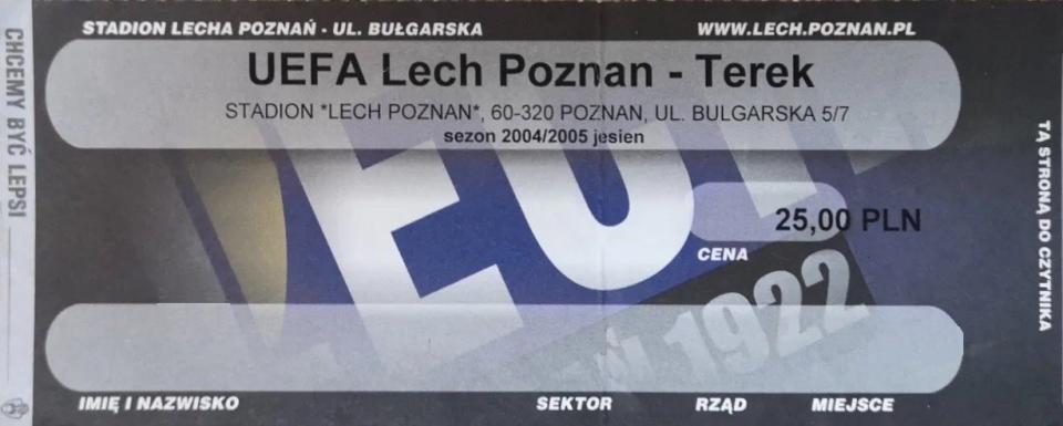 Bilet z meczu Lech Poznań - Terek Grozny 0:1 (26.08.2004)