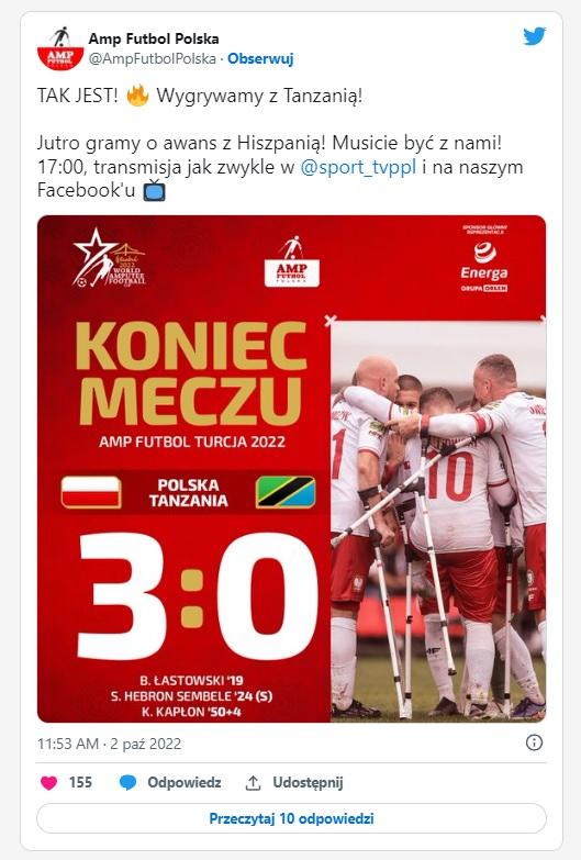 Twitt po meczu Polska - Tanzania 3:0 ampfutbol (01.10.2022).