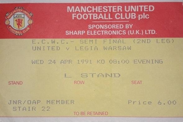Bilet z meczu Manchester United - Legia Warszawa 1:1 (24.04.1991).
