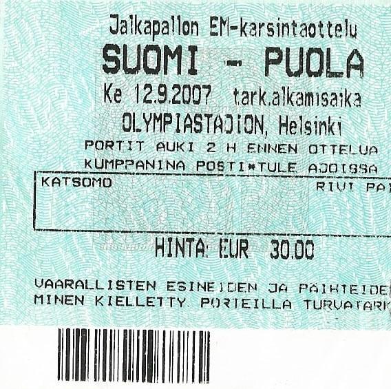 Bilet z meczu Finlandia - Polska 0:0 (12.09.2007).