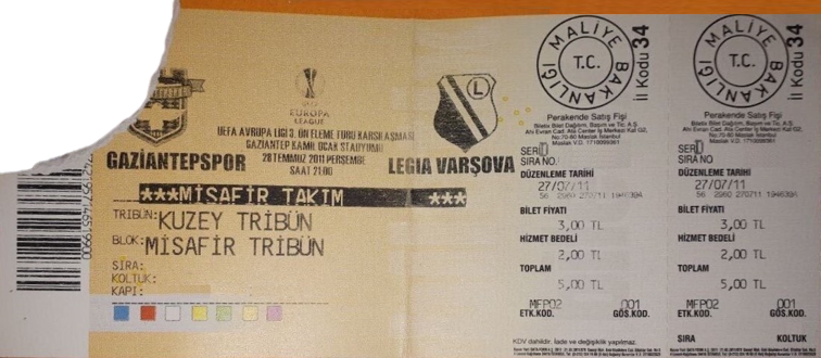 Bilet z meczu Gaziantepspor Kulübü - Legia Warszawa 0:1 (28.07.2011)