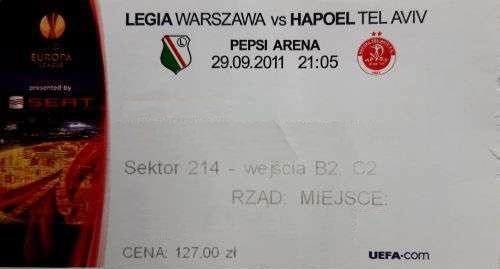 Bilet z meczu Legia Warszawa - Hapoel Tel Awiw 3:2 (29.09.2011)