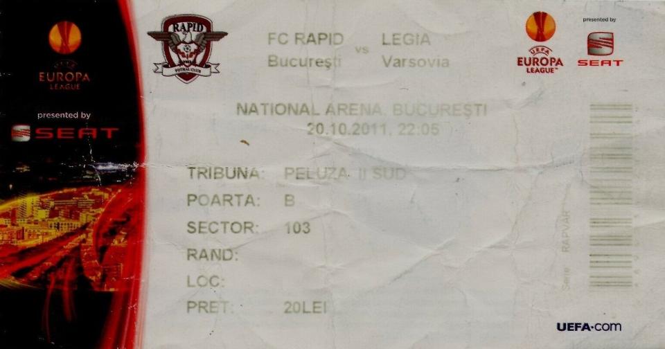 Bilet z meczu Rapid Bukareszt - Legia Warszawa 0:1 (20.10.2011).