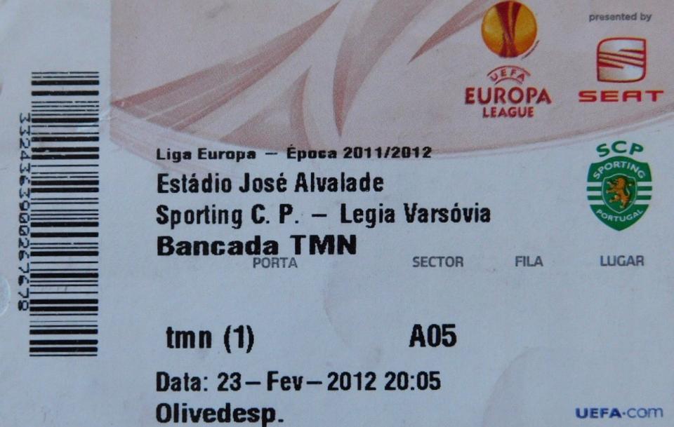 Bilet z meczu Sporting Lizbona - Legia Warszawa 1:0 (23.02.2012)