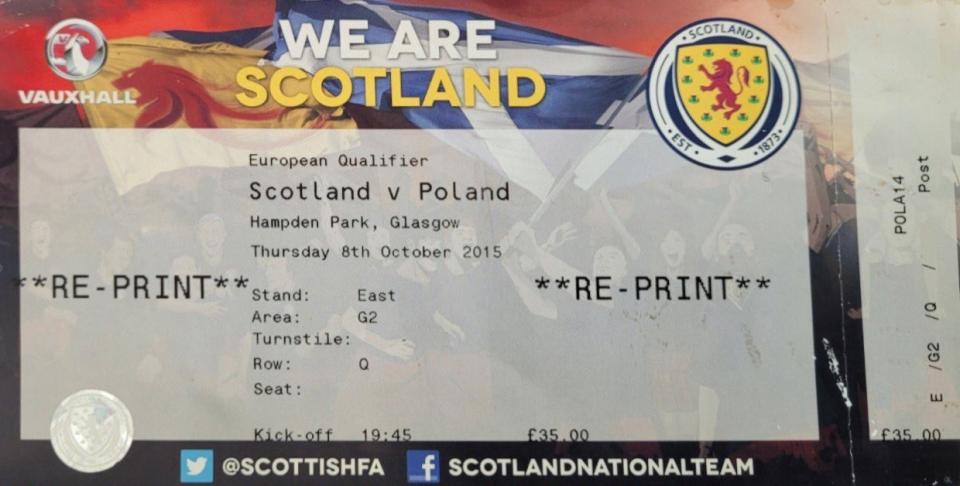 Bilet z meczu Szkocja - Polska 2:2 (08.10.2015)