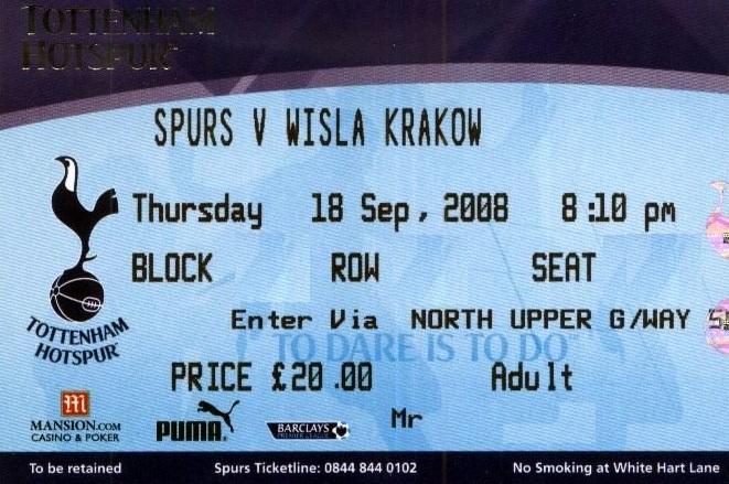 Bilet Tottenham Hotspur - Wisła Kraków 2:1 (18.09.2008)