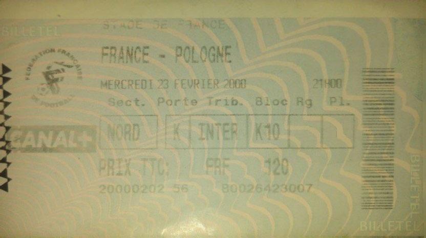 Bilet z meczu Francja - Polska 1:0 (23.02.2000)