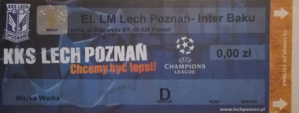 Bilet z meczu Lech Poznań - Inter Baku 0:1 pd. k. 9-8 (21.07.2010)